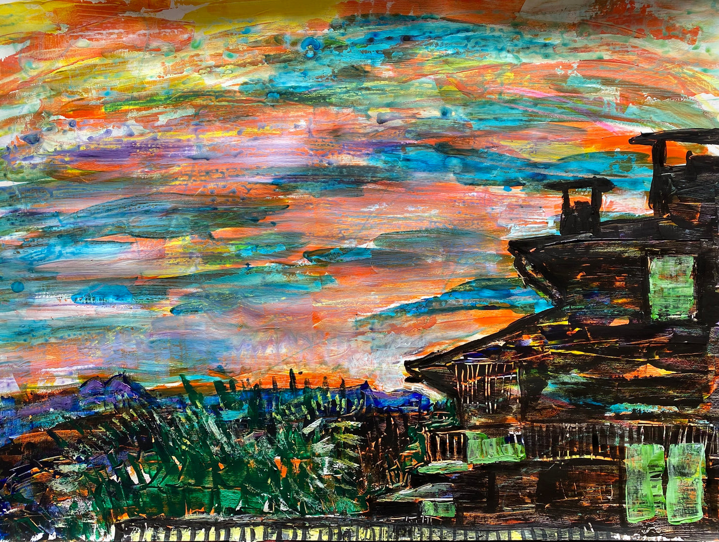 The sunset in Verbier, Switzerland on my birthday - mixed media painting
