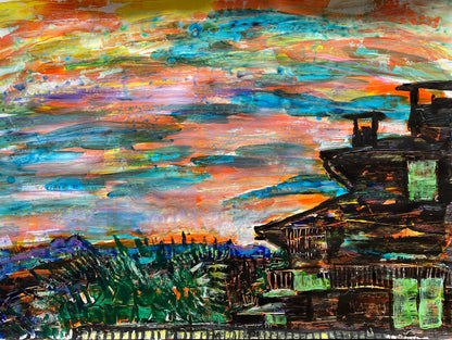 The sunset in Verbier, Switzerland on my birthday - mixed media painting