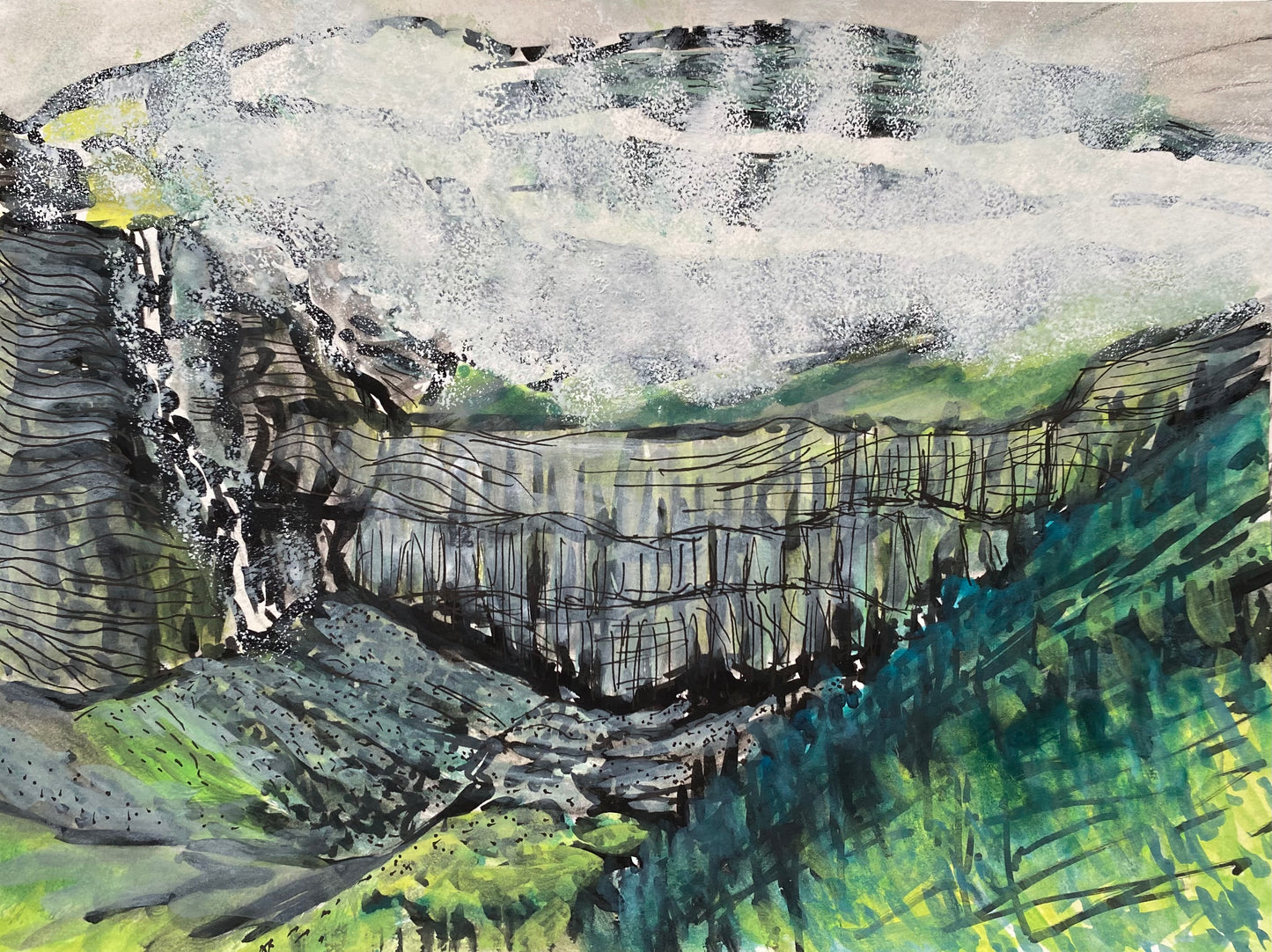 Gavarnie Falls, Spanish Pyrenees - gouache and ink painting