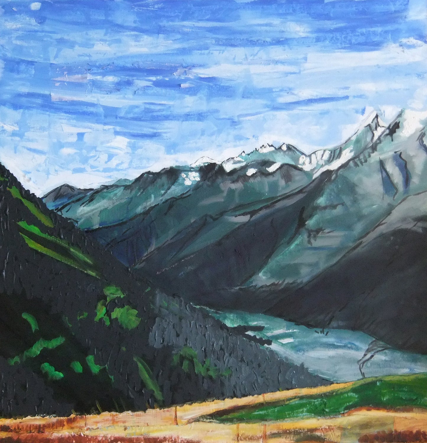 Mont Blanc Massif, View from telecabine Bellevue, France - acrylic painting