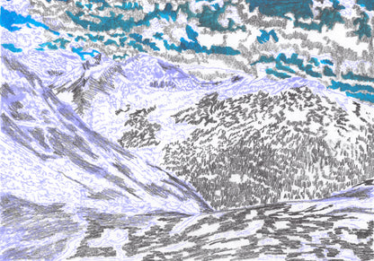 Abstract drawing of a mountain landscape with blue and gray tones.