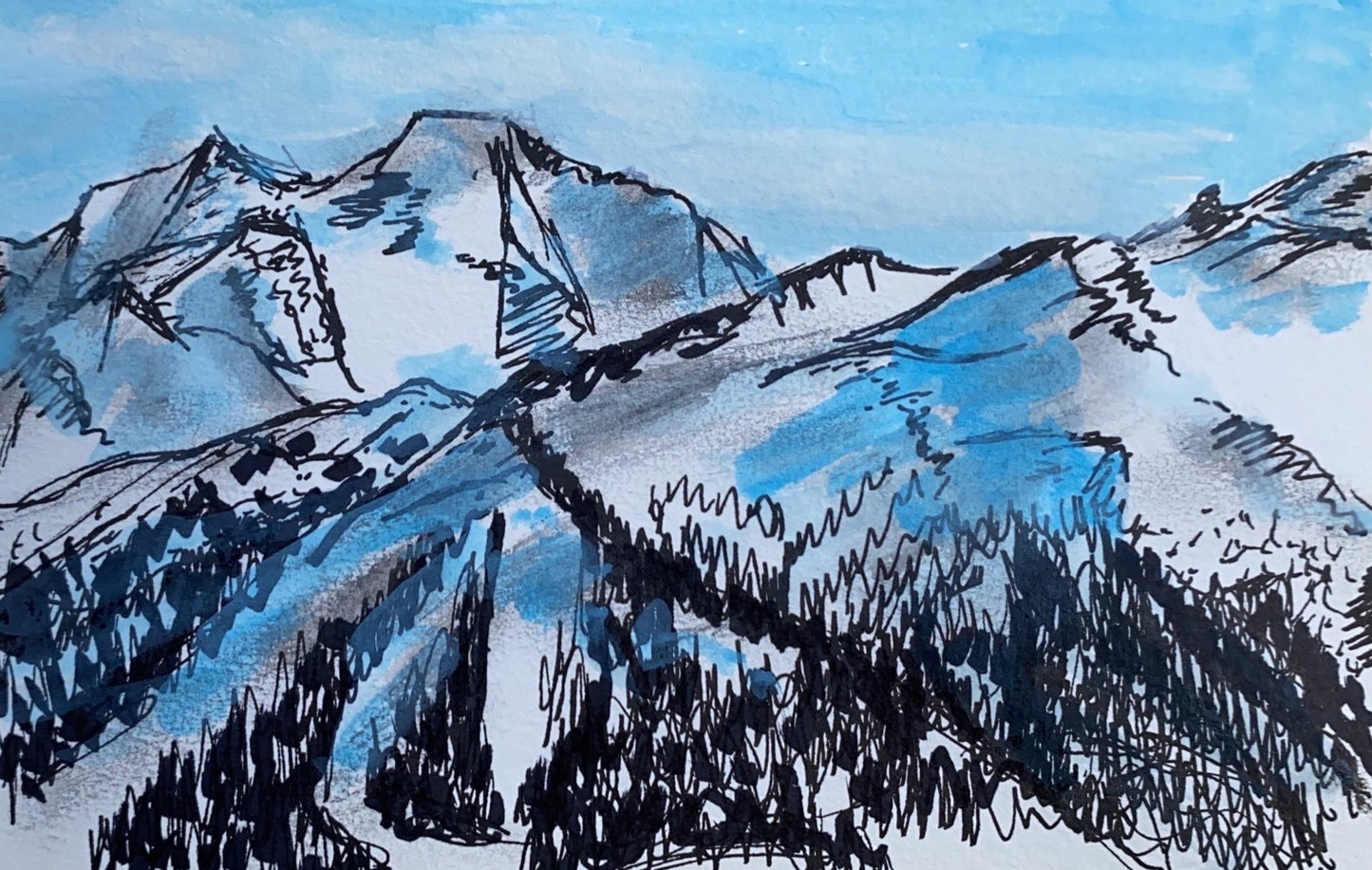 Mont Rogneux & Mont Brule from Cabane de Mont Fort, Switzerland - watercolour & ink painting