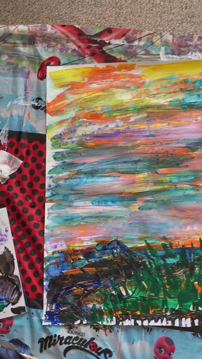 The sunset in Verbier, Switzerland on my birthday - mixed media painting