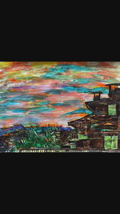 The sunset in Verbier, Switzerland on my birthday - mixed media painting